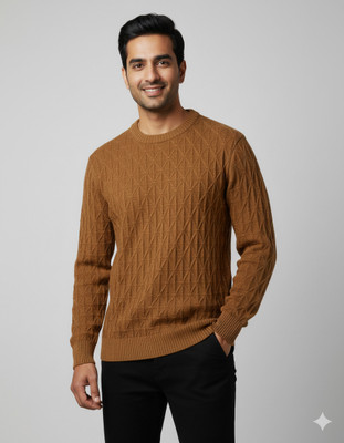 WoolCraft Woven Round Neck Casual Men Yellow Sweater