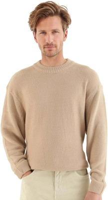 RARE RABBIT Solid Round Neck Casual Men Beige Sweater