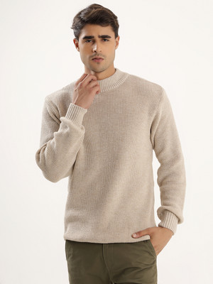 kveto Solid Round Neck Casual Men Beige Sweater