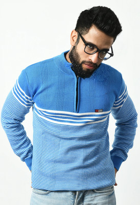 manra Striped Round Neck Casual Men Blue Sweater