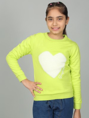 CANTABIL Self Design Round Neck Casual Girls Green Sweater