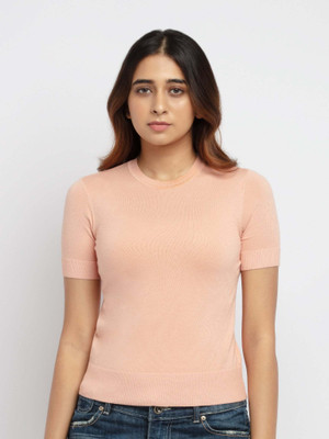 Status Quo Solid Round Neck Casual Women Pink Sweater