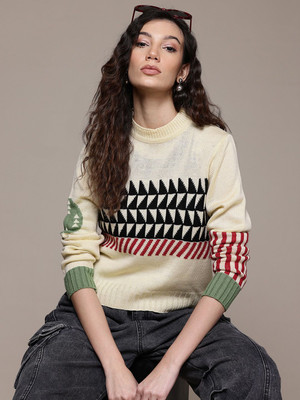 Roadster Self Design Round Neck Casual Women Yellow Sweater