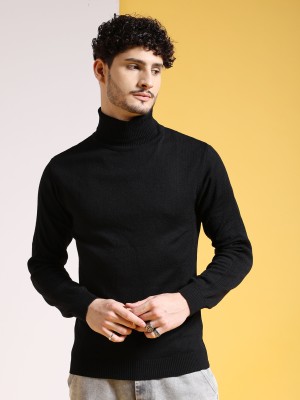 The Indian Garage Co. Solid Turtle Neck Casual Men Black Sweater