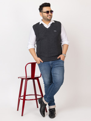 KVETOO Self Design V Neck Casual Men Black Sweater