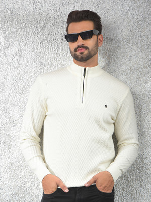 CRIMSOUNE CLUB Self Design High Neck Casual Men White Sweater