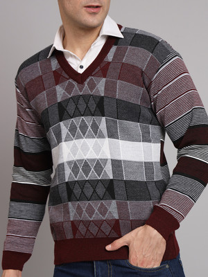 eWools Striped V Neck Casual Men Maroon Sweater