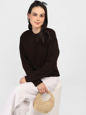 CHKOKKO Solid High Neck Casual Women Brown Sweater