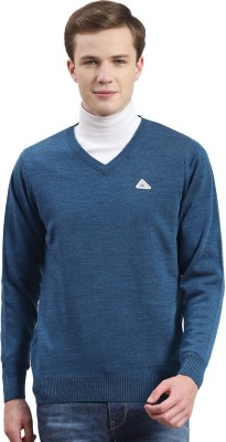 MONTE CARLO Solid V Neck Casual Men Blue Sweater