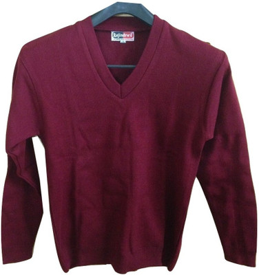 Rajindras Solid, Self Design V Neck Casual Men Maroon Sweater
