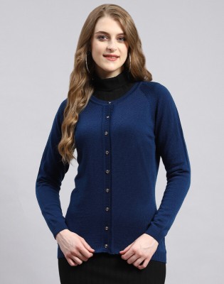 MONTE CARLO Solid High Neck Casual Women Blue Sweater