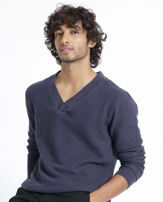 RARE RABBIT Solid V Neck Casual Men Blue Sweater