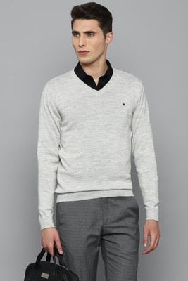 LOUIS PHILIPPE Self Design V Neck Casual Men Grey Sweater