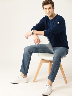 Mast & Harbour Solid Round Neck Casual Men Blue Sweater