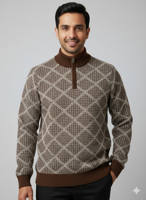 WoolCraft Printed High Neck Casual Men Brown, Grey Sweater