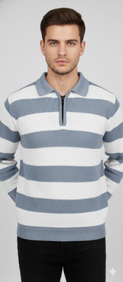 klein blue Striped Collared Neck Casual Men Blue Sweater