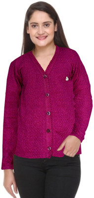 Dhanlaxmi Self Design V Neck Casual Women Purple Sweater