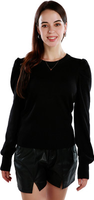 London Rag Solid Round Neck Casual Women Black Sweater