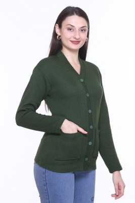 Basis Solid V Neck Casual Women Dark Green Sweater