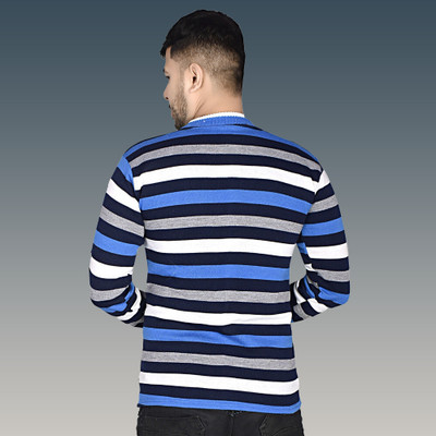 Marc Laurent Striped Round Neck Casual Men Blue Sweater
