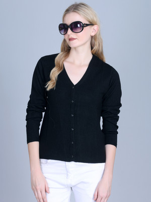 7 ISLANDS Self Design V Neck Casual Women Black Sweater