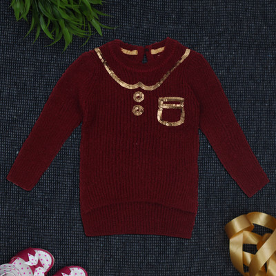 COMPOUND Self Design Round Neck Casual Baby Girls Maroon Sweater