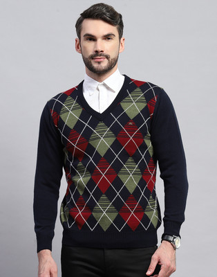 MONTE CARLO Checkered V Neck Casual Men Dark Blue Sweater