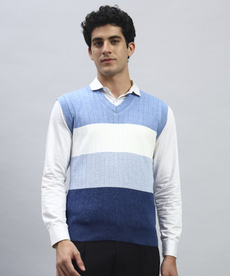 HELL BOUND Striped V Neck Casual Men Blue Sweater