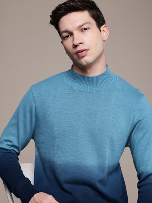 French Connection Self Design Turtle Neck Casual Men Blue Sweater