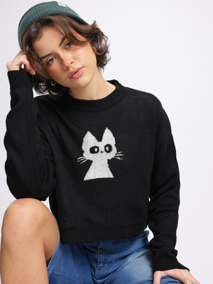 Glitchez Self Design Round Neck Casual Women Black Sweater