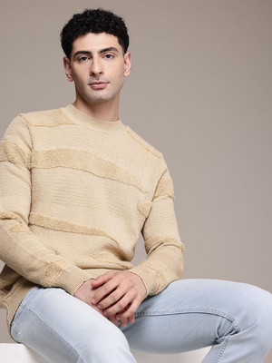 French Connection Self Design Round Neck Casual Men Beige Sweater