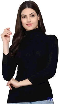 Oishee Woven Turtle Neck Casual Women Black Sweater