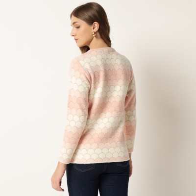 TAB91 Printed Round Neck Casual Women Pink Sweater