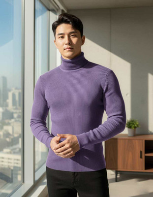 Cat Bunny Solid High Neck Casual Men Purple Sweater