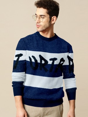 SWASTIKK Woven Round Neck Casual Men Dark Blue, White Sweater