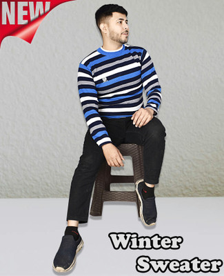 Marc Laurent Striped Round Neck Casual Men Blue, Black, Grey, White Sweater