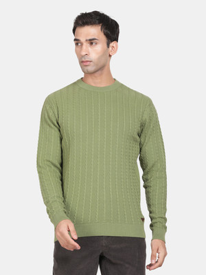 t-base Self Design Round Neck Casual Men Green Sweater