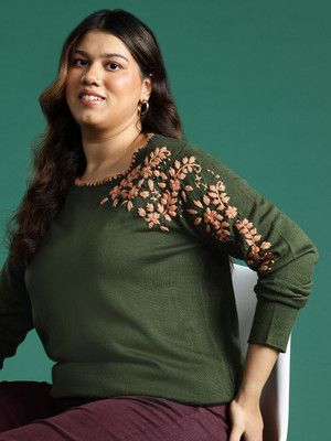 DressBerry Curve Embroidered Round Neck Casual Women Green Sweater