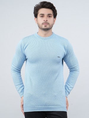 FEVERFEW Self Design Round Neck Casual Men Blue Sweater