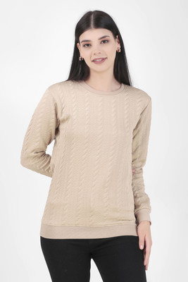 HouseOfCommon Self Design Round Neck Casual Women Beige Sweater