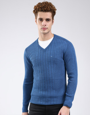 MONTE CARLO Self Design, Striped V Neck Casual Men Blue Sweater
