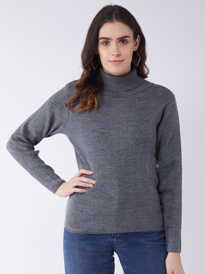Femea Solid High Neck Casual Women Grey Sweater
