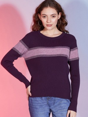 Dressberry Self Design Round Neck Casual Women Purple Sweater