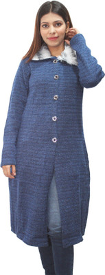 Hautemoda Solid Collared Neck Casual Women Blue Sweater
