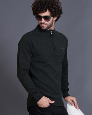 GODFREY Solid High Neck Casual Men Dark Green Sweater