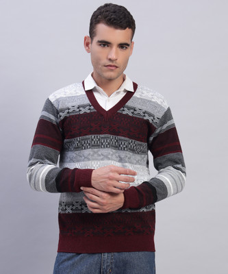 WILLEY Woven V Neck Casual Men Maroon Sweater