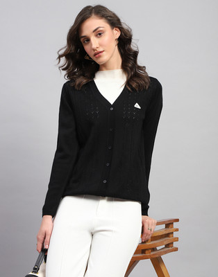 MONTE CARLO Self Design V Neck Casual Women Black Sweater