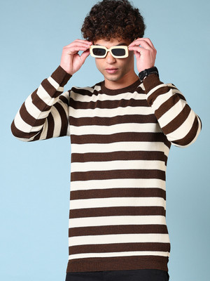 V-MART Striped Round Neck Casual Men Brown Sweater