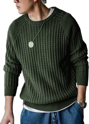 nikline Self Design Round Neck Casual Men Green Sweater