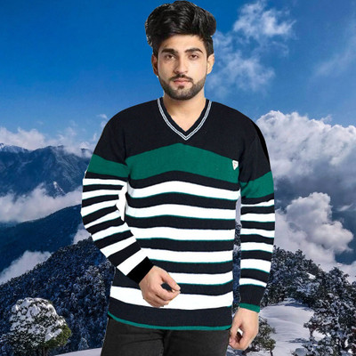 FUTUREGEMS Striped V Neck Casual Men Multicolor Sweater
